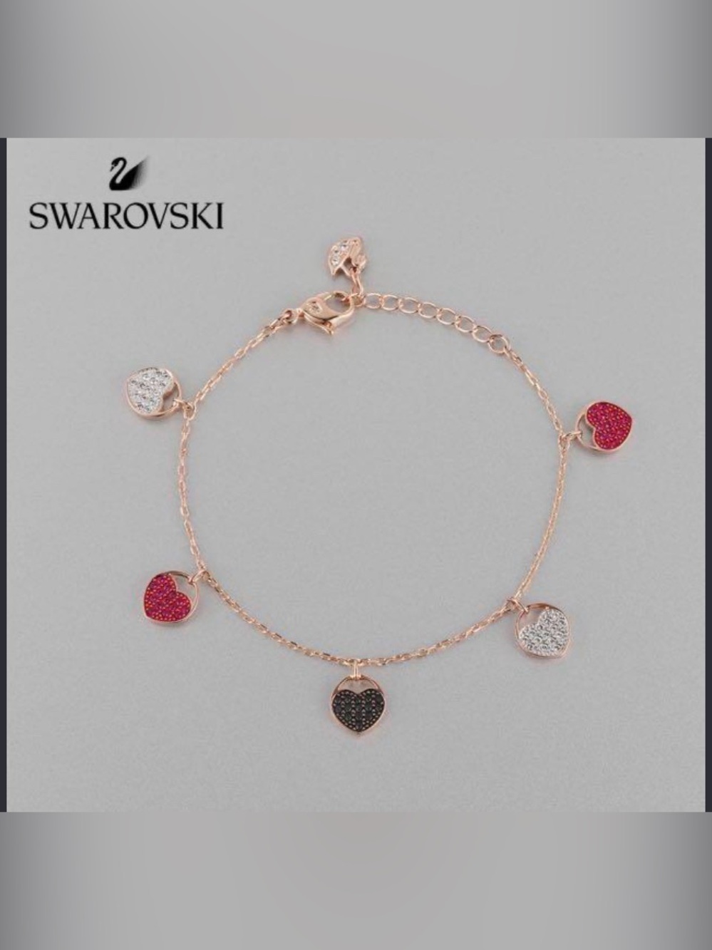 Swarovski Rose Gold Bracelet with Pink, Black & White Heart Charms